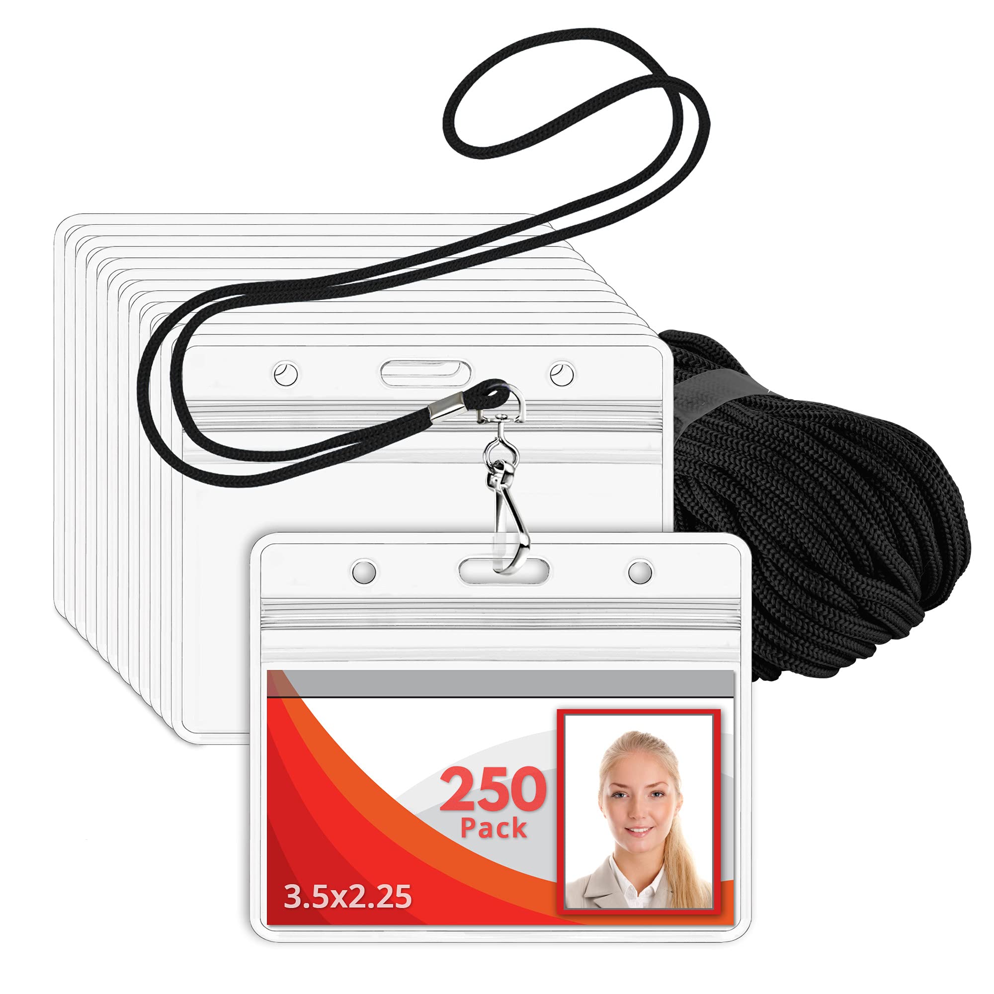 MIFFLIN Lanyard (Black, 3.5x2.25 inch, 250 Pack) with Clear Plastic Horizontal ID Badge Holder, Heavy Duty Name Pouch with Soft, Woven, Neck Lanyards Image