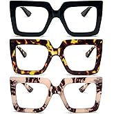 prtcslwd 3 Pack Oversized Thick Frame Reading Glasses for Women,Stylish Square Large Readers Blocking Blue Light Glasses