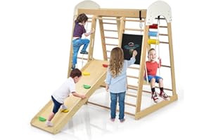 Costzon 8-in-1 Climbing Toys for Toddlers, Kids Indoor Playground Jungle Gym with Slide, Climbing Rock/Net, Monkey Bars, Draw