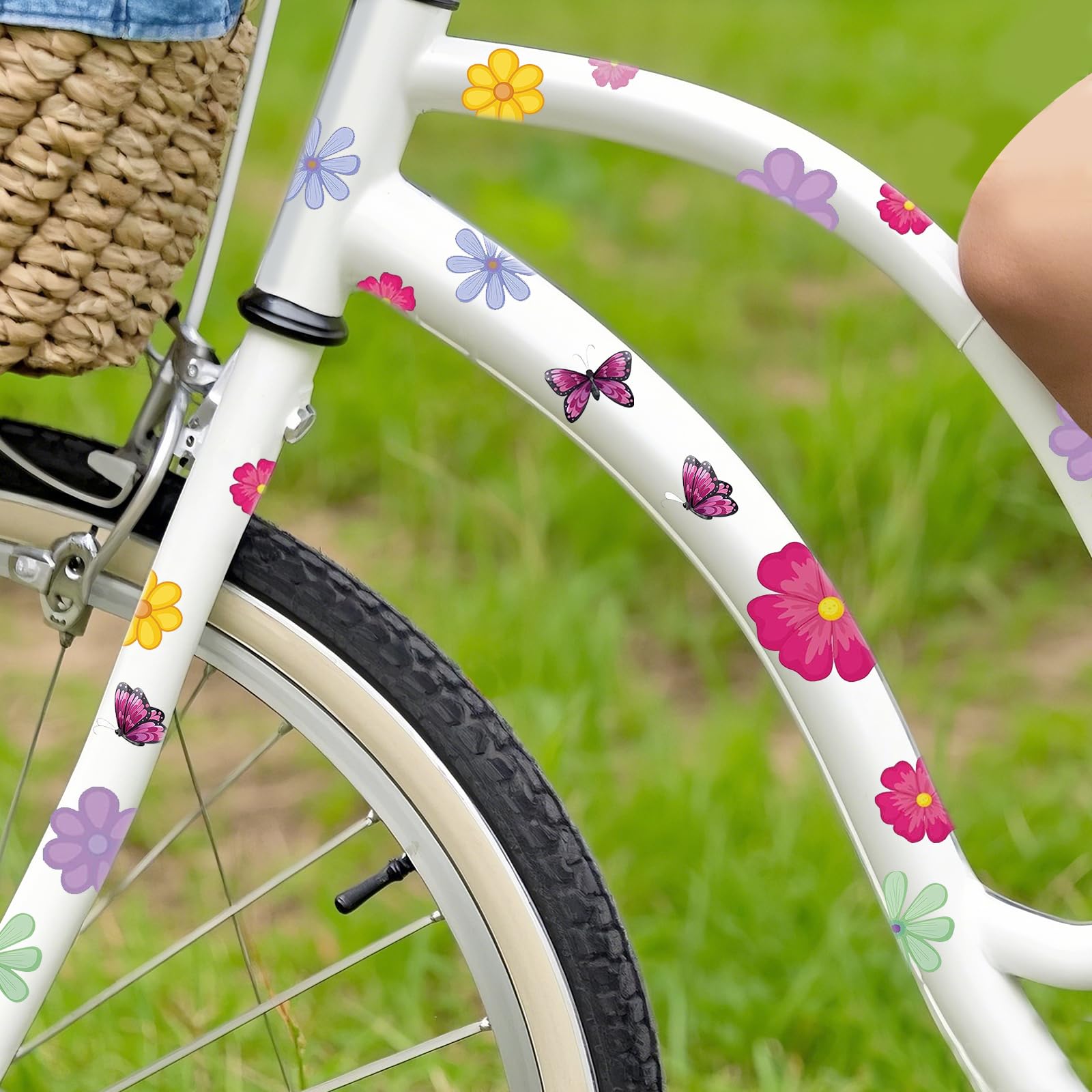 Flower Bike Stickers for Frame, 3 Sheets Colorful Bike Decals Waterproof Bumper Stickers Self-Adhesive Car Flower Stickers for Girls and Women
