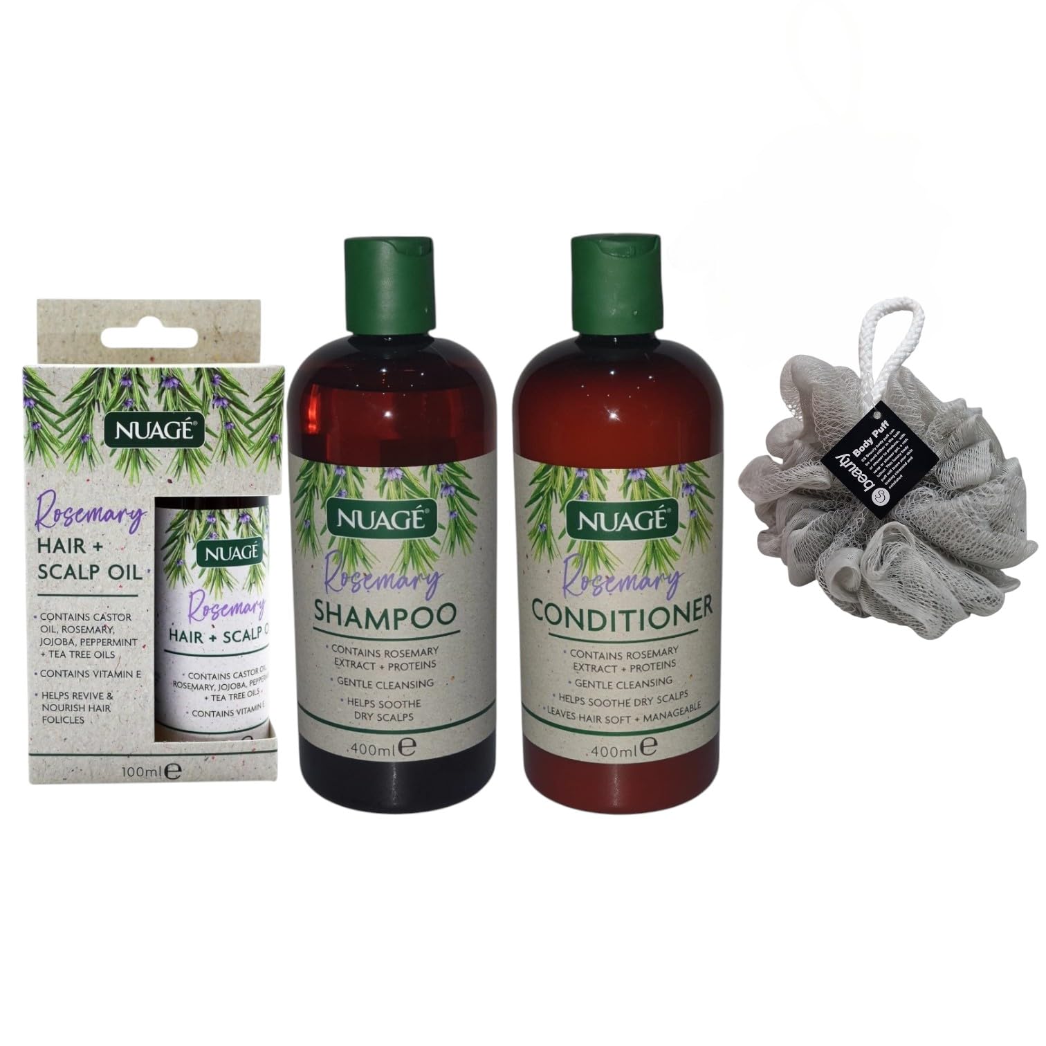 Rosemary Nuage Shampoo and Conditioner - 400ML + Hair Scalp Dry oil 100ML with Free Beauty Body Puff (Any Colour)