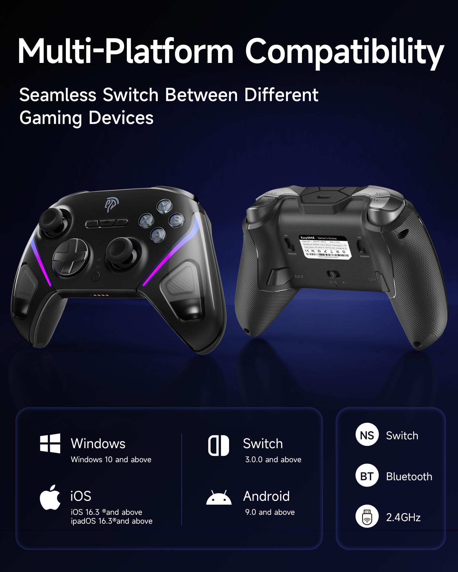 EasySMX D10 Controller PC mit Ladestation, Wireless Controller mit TMR Joystick & 2 in 1 Trigger, 1000Hz Polling Controller mit RGB für PC/Switch/Handy-Schwarz 7