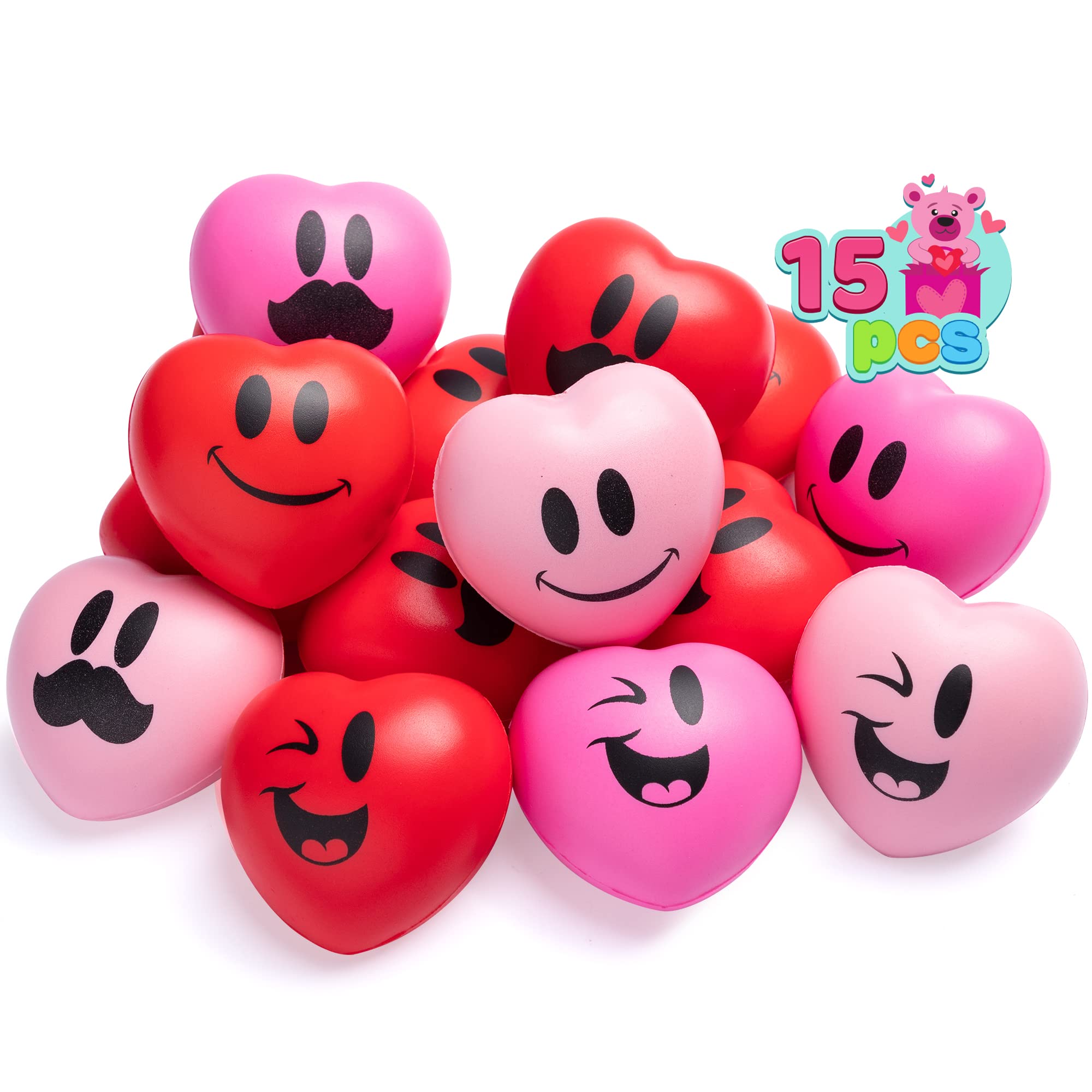 JOYIN 15 Pcs Heart Stress Balls: 3 Inch Heart Shaped Squeeze Stress Relief Balls for Kids & Adults - Valentines Day Party Favors & Gifts