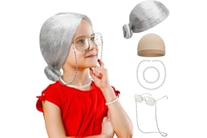 Huskein 100 Days of School Costume, Old Lady Cosplay Silver Bun Wig Glasses Wig Cap Pearl Necklace Bracelet Accessories for Girls
