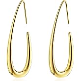 Lightweight Teardrop Hoop Earrings for Women - 14k Gold Plated/White Gold Plated Large Oval Pull Through Hoop Earrings, High Polished Statement