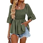 HEYTALALA Womens 3/4 Sleeve Tops Dressy Casual Square Neck Summer Peplum Blouses Ruffle Sleeve Babydoll Shirts 2025 Trendy