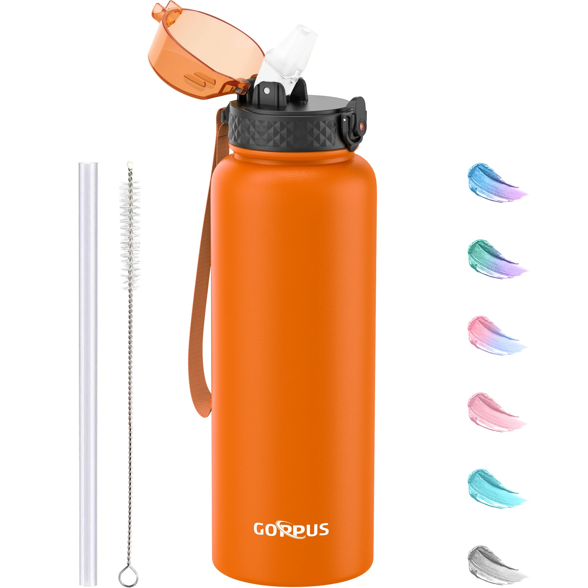 GOPPUS 1.2L/40oz Stainless Water Bottle with Straw Double Wall Insulated Bottles with Strap Large Vacuum Thermal Flask Leakproof Keep Cold Drinks Bottles with Flip Top Lid for Men Women BPA Free — image 1