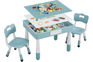 CUFUN 4 in 1 Kids Table and 2 Chairs Set, Toddler Table and Chair Set for Kids Ages 3-10, Activity Tables for Building Blocks/Drawing/Reading/Dining，Gift for Boy & Girl (Grayish Blue)