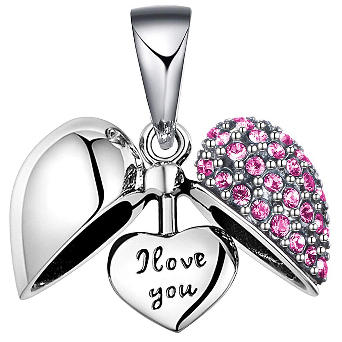 LOVANS 925 Sterling Silver I Love You Heart Charm Bead For DIY Jewellery Fit European Bracelet Necklace (Pink)