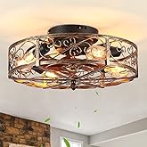 20'' Caged Ceiling Fan with Lights and Remote Control,Small Farmhouse Bladeless Low Profile Ceiling Fans Lights,Vintage Flush