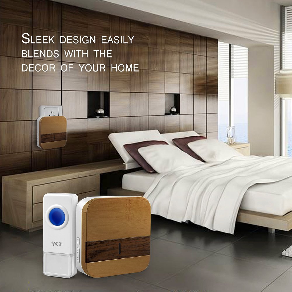 YCZ Wireless Doorbell Chime Wood Receiver Waterproof Push Button Remote Operating Range at Over 1000 ft with 52 Chimes with LED Indicator for Home Office Store and More (2 push button+2 receiver)