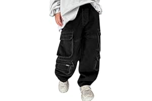 Rolanko Boys Baggy Cargo Jeans, Elastic Waist Wide Leg Y2k Hip Hop Denim Pants Kids Loose Fit Trousers Streetwear