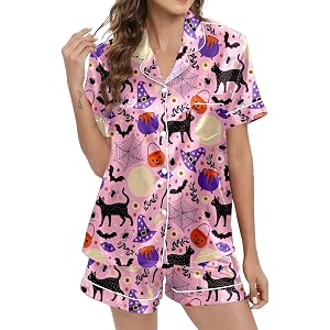 NUOLALDH Halloween Pajamas Women Satin Pajama Set Matching Shorts Skull Bat Pumpkin Soft Short Sleeve Lounge Sleepwear
