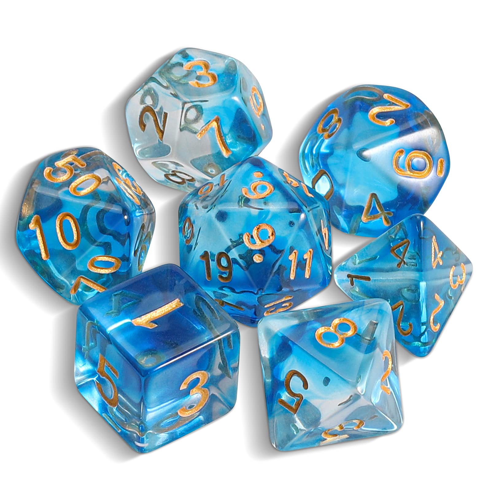 QMAY DND Dice Polyhedral Dice Set - 7 Pieces for Dungeon and Dragons MTG RPG D&D D20, D12, D10, D%, D8, D6, D4 (Light blue Translucent) — image 1