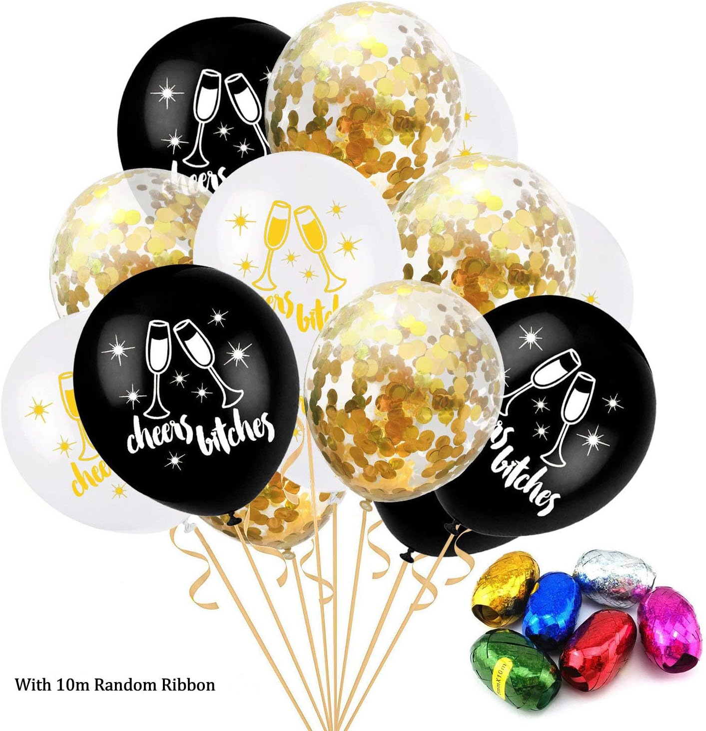 Dusenly 15pcs Hen Party Balloons Cheers Bitches Hen Night Latex Balloons Gold Confetti Balloons for Bachelorette Party, Hen Party and Bridal Shower Party Decorations (Black)