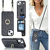 Lipvina for iPhone 14 Plus Case with Card Holder and Strap for Women,Crossbody Lanyard,Stand Ring Kickstand,Snap Clasp,Cute Phone Wallet Cases 6.7 inch - Black Leopard