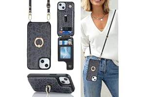 Lipvina for iPhone 15 Plus Case with Card Holder and Strap for Women,Crossbody Lanyard,Stand Ring Kickstand,Snap Clasp,Cute Phone Wallet Cases 6.7 inch(Black Leopard)