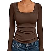 AUTOMET Women‘s Ribbed Square Neck Top, Long Sleeve Slim Fit Basic Shirt for Fall Winter Spring, Casual Crop Tee