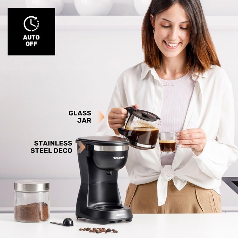 Taurus Verona 6 Drip Cafeteira, 600W, 600 ml, Intense Flavour Tech, Placa de aquecimento, Filtro permanente lavável, Jarro de vidro anti-gotejamento, Design compacto preto mate, BPA Free