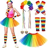 Rainbow Costume for Women, Rainbow Tutu Skirt Flower Headband Socks Arm Warmer Earrings LGBTQ Gay Pride Accessories Rainbow Outfits