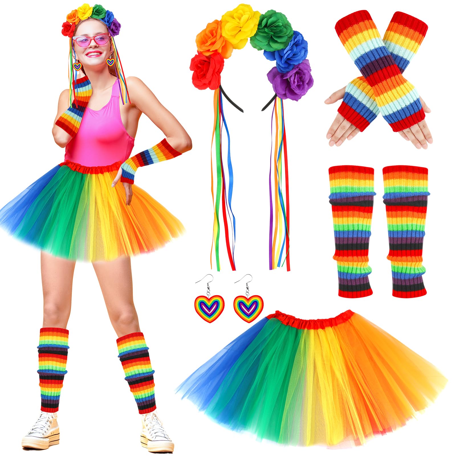 Hifot Rainbow Costume for Women - Rainbow Tutu Skirt, Flower Headband, Socks, Arm Warmers, Earrings - LGBTQ, Gay Pride Accessories