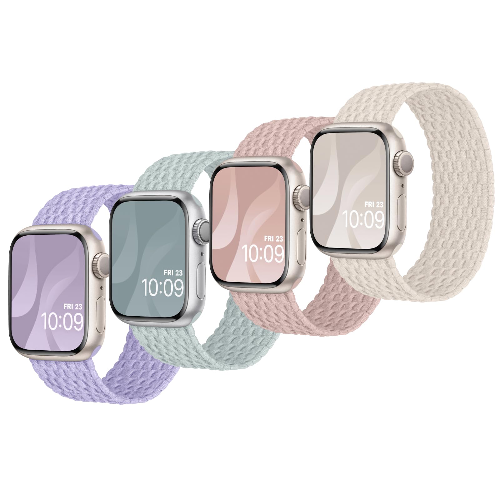 Finoriss Solo Loop Bracelet Compatible with Apple Watch 45 mm 44 mm 42 mm, Braided Stretchy Nylon Fabric Strap for Apple Watch 9 8 SE 7 6 5 4 3 2 1, Pack of 4