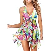 Holipick Two Piece Swim Dress Womens Tankini Swimsuits Halter Bathing Suit Dress Mesh Tankini Top with Boyshorts