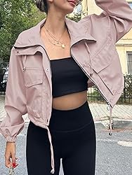 Tankaneo Womens Cropped Jacket Zip Up Lightweight