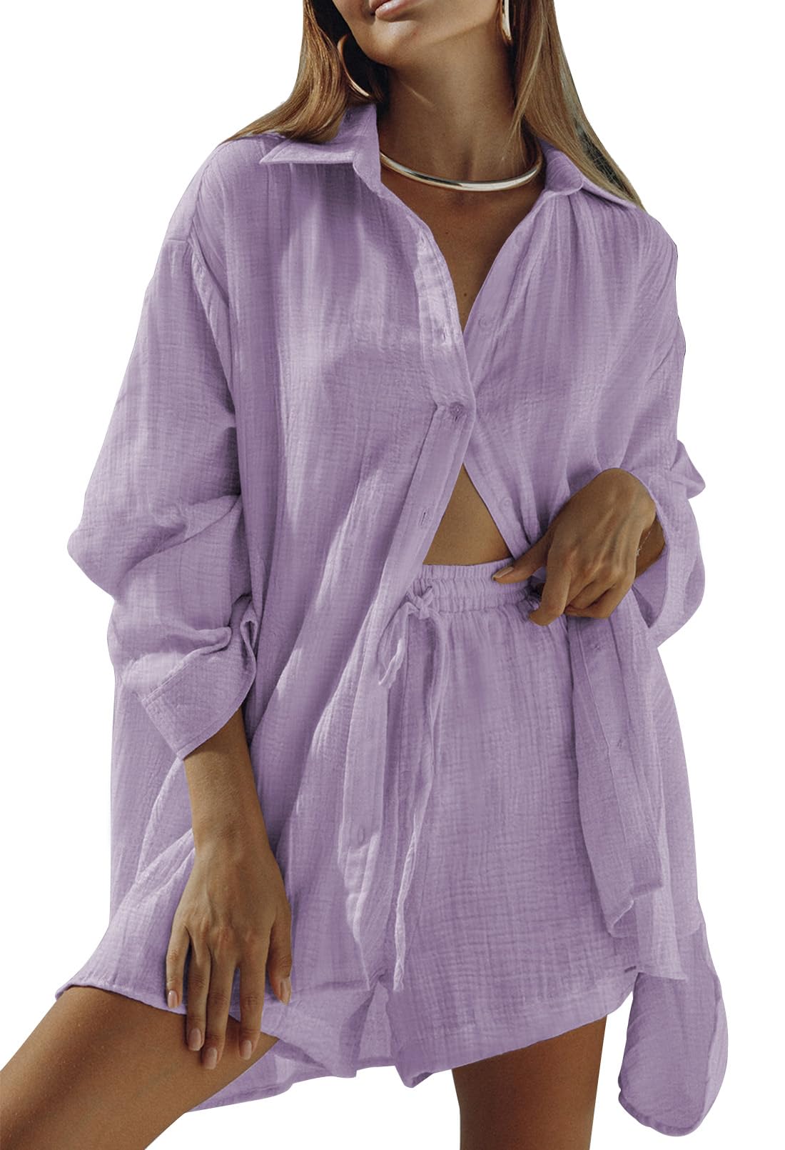 Photo 1 of **DIRTY**Fixmatti Two Piece Outfits for Women Long Sleeve Button Up Oversized Shirt and Shorts Lounge Set Light Purple L