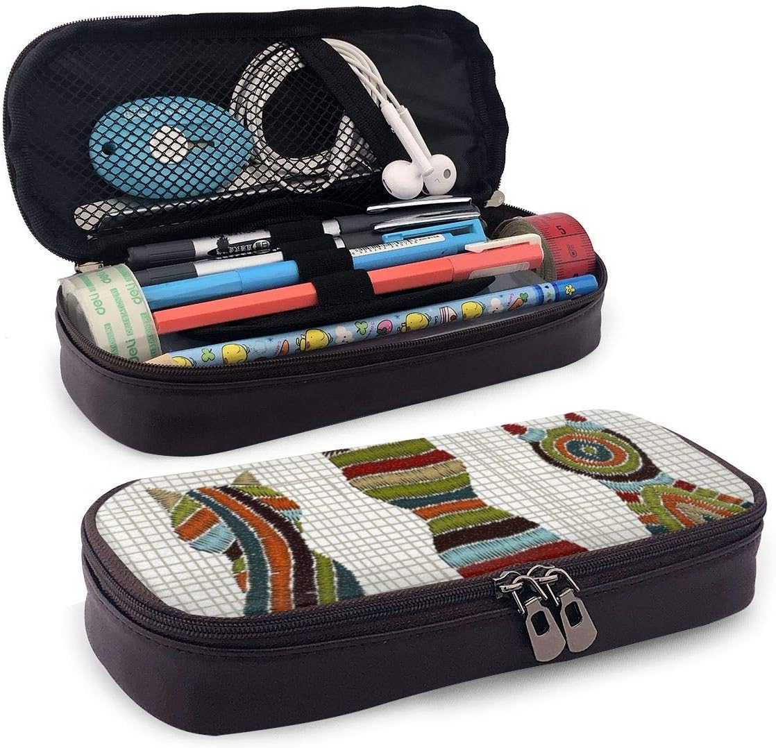 Amazon 刺繍パターン猫ペンケース 革 手作り レザー筆箱 大容量 ファスナータイプ ジッパー シンプル おしゃれ かわいい 筆箱 ペンケース 文房具 オフィス用品