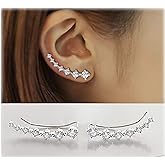 Sterling Silver 7 Crystals Ear Cuffs Climber Cartilage Earrings Dainty Trendy Jewelry Hypoallergenic Fashion Earring Charms Birthday Gift for Women