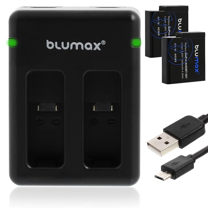 Blumax 2X Akku ersetzt GoPro AABAT-001 AHDBT-501 + Mini Dual-Ladegerät kompatibel mit GoPro Hero 5 / Hero 6 Black/Hero 7 / He