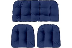 RSH DECOR: 3-Piece Wicker Tufted Cushion Set | 41” x 19" & 19" x 19" | All-Weather Spun Fabric | Water Resistant | Outdoor Loveseat & U-Shape Cushions for Patio Furniture | Navy Blue