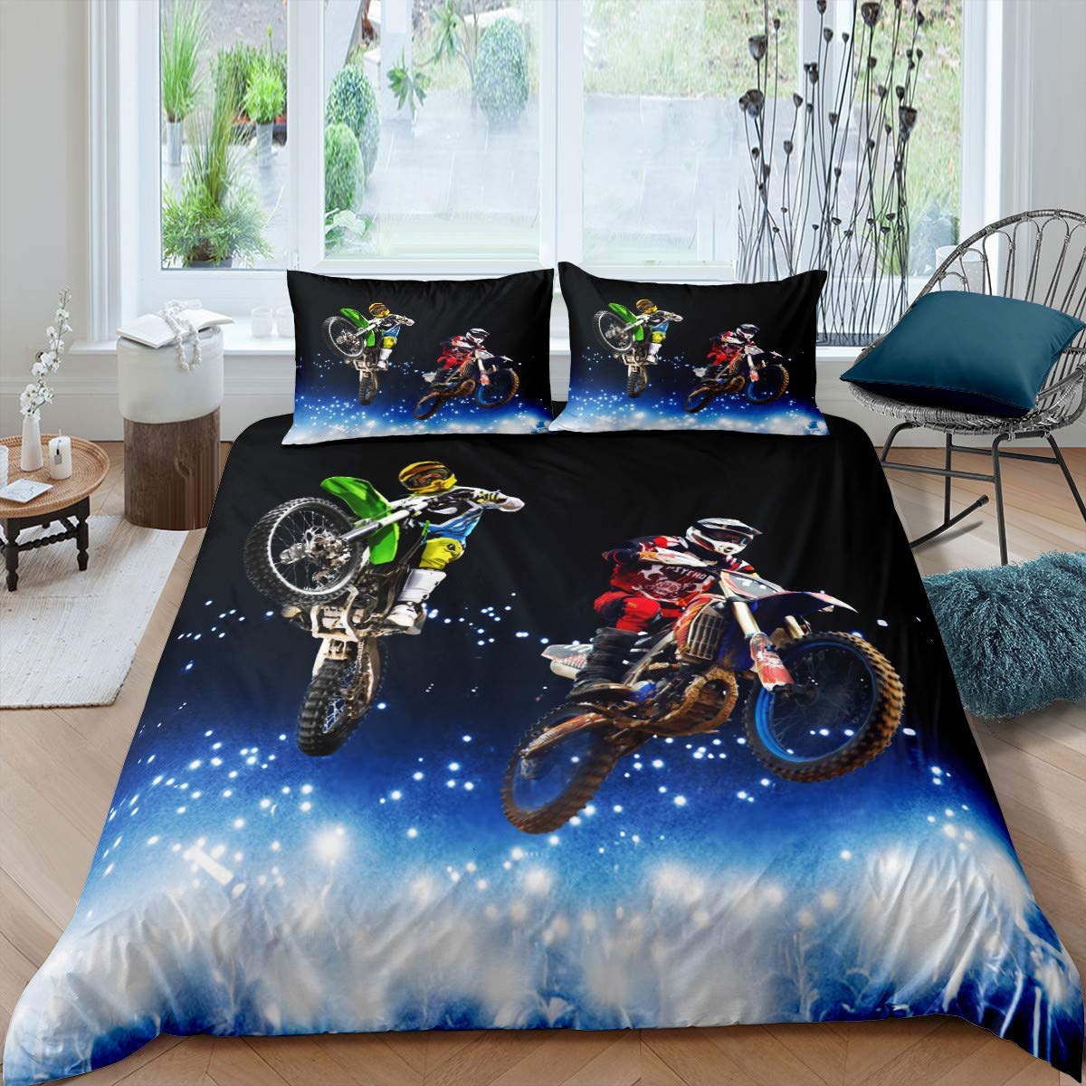 Motocross Rider Bedding Set for Kids Boys Teens Extreme Sports Theme Comforter Cover Motorcycle Competitive Games Duvet Cover Dirt Bike Motorbike Room Decor Bedspread Cover King Size 3Pcs