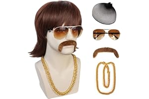 JoneTing 5 Pcs Disco Wig { 1 Gold Necklace + 1 Brown Beard +1 Glasses+1 Wig Cap} Dark Brown Short Wavy Wig for Men Synthetic Afro Wig for Party 70’s Costume Wig for Halloween Peluca Marrón Oscuro