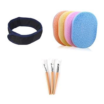 MultiCart Women's Polycotton Stretchable Elasticized Adjustable Facial Headbands and Face Pack Brush and Face Cleaning Sponges Combo Assorted Color