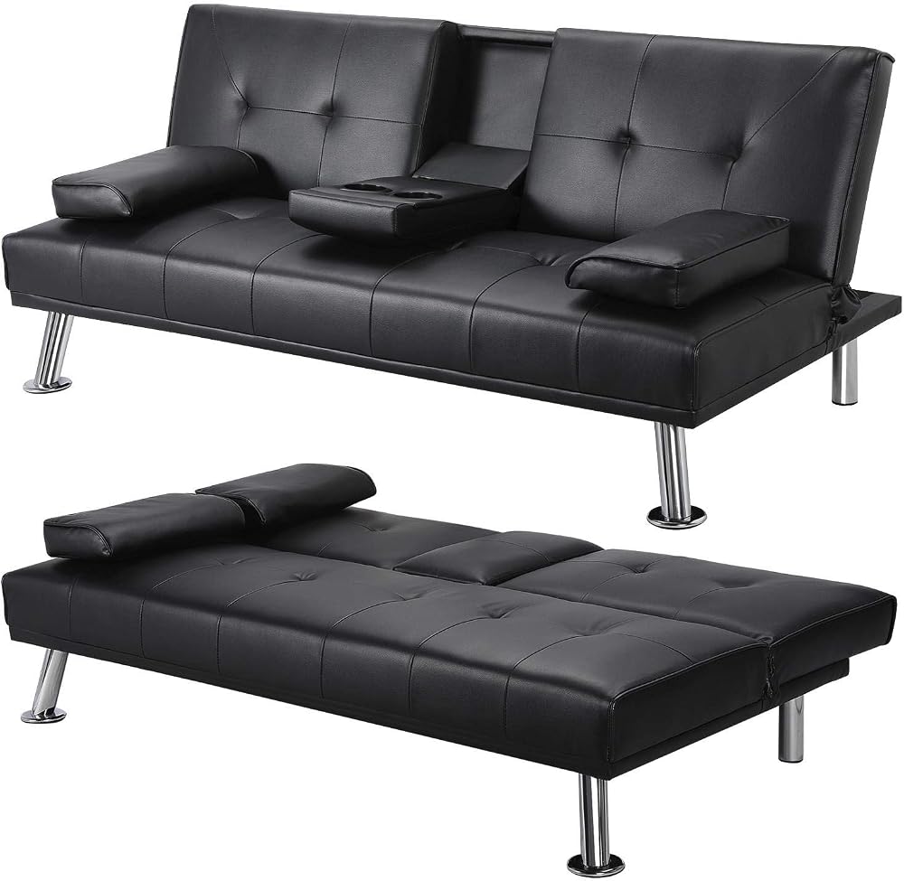 Yaheetech Faux Leather Click Clack 3 Seater Sofa Bed with Cup Holders Black