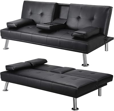 Yaheetech Faux Leather Click Clack 3 Seater Sofa Bed with Cup Holders Black