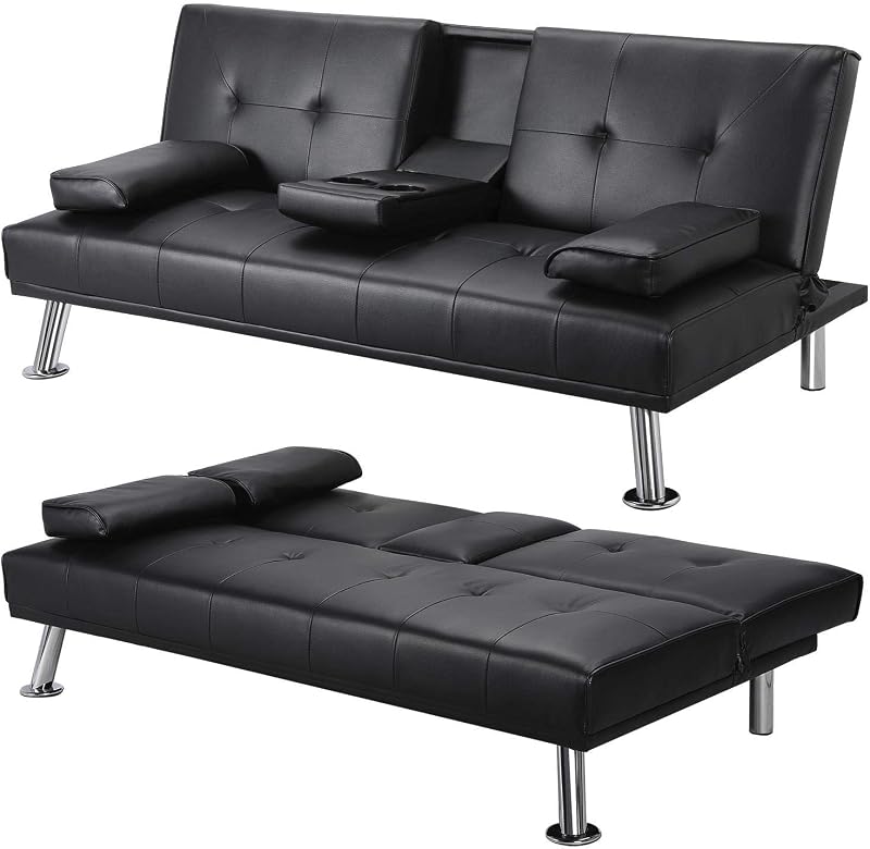 Yaheetech Faux Leather Click Clack 3 Seater Sofa Bed with Cup Holders Black