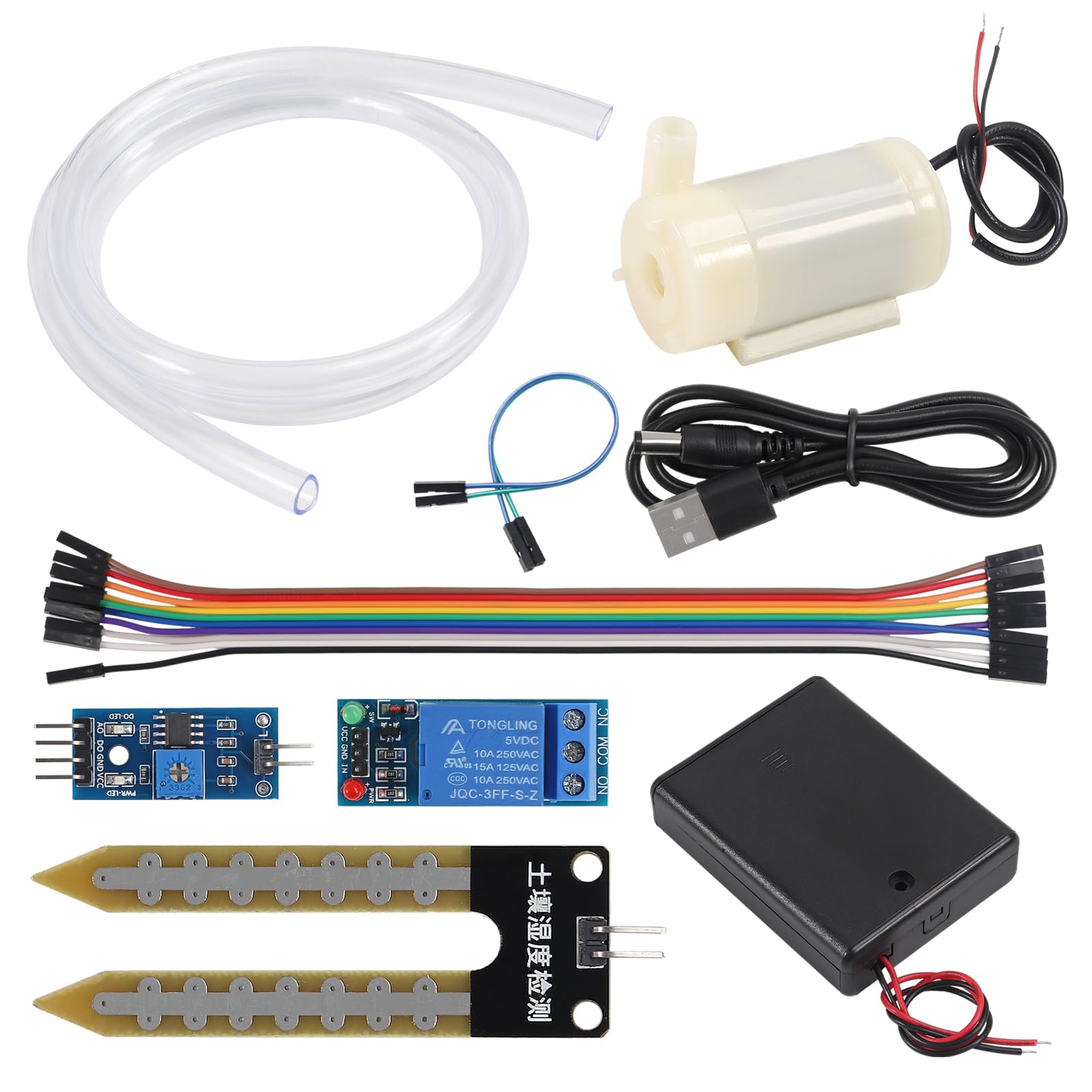 Smart Irrigation Kit with Capacitive Soil Moisture Sensor, 1-Channel Relay, Water Pump, and 1m Tubing - Efficient Garden Watering and Moisture Detection System