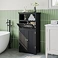ChooChoo Freestanding Bathroom Cabinet with Flip Glass Drawer, 2 Doors, Adjustable Shelf, Open Storage for Bathroom, Living Room, Hallway, Black