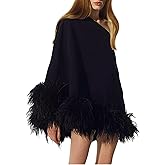 Youlander Fur MY-43 Women’s High-End Slanted Neck Loose Mini Poncho Dress with Fluffy Ostrich Feather Hem Trim Sexy Dresses