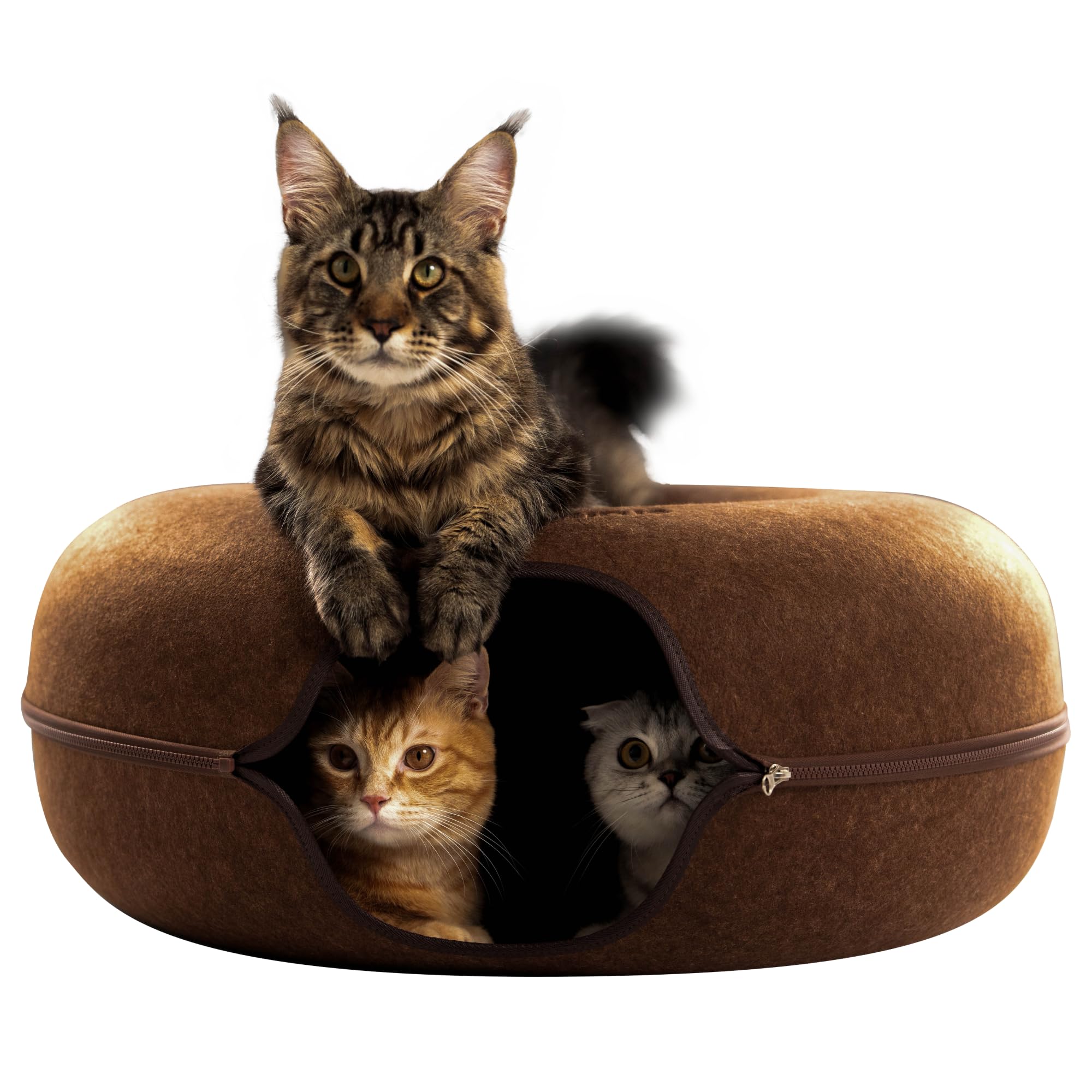 Cattasaurus Peekaboo Cat Cave Donut for Multiple & Large Cats up to 30-45 lbs, 3-in-1 Self Warming Cat Bed, Tunnel & Scratcher for Indoor Cats, Washable & Detachable Small Dog Bed (Brown, Jumbo) Image