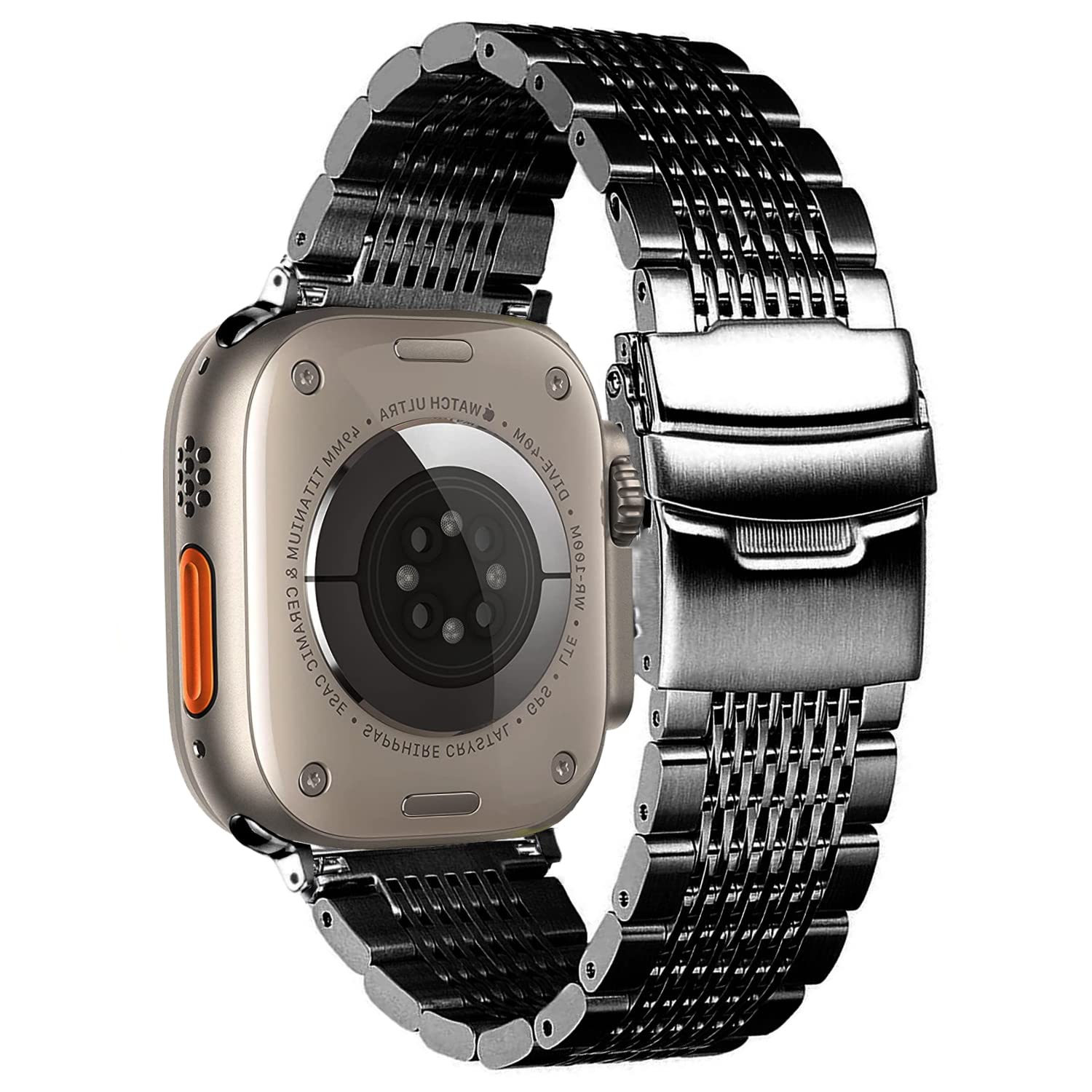 DEALELE Strap Compatible with iWatch 42mm 44mm 45mm 49mm, Solid 15-Rows Stainless Steel Metal Replacement Bracelet for Apple Watch Series 8/7 / 6/5 / 4/3 / SE/Ultra Women Men, Black