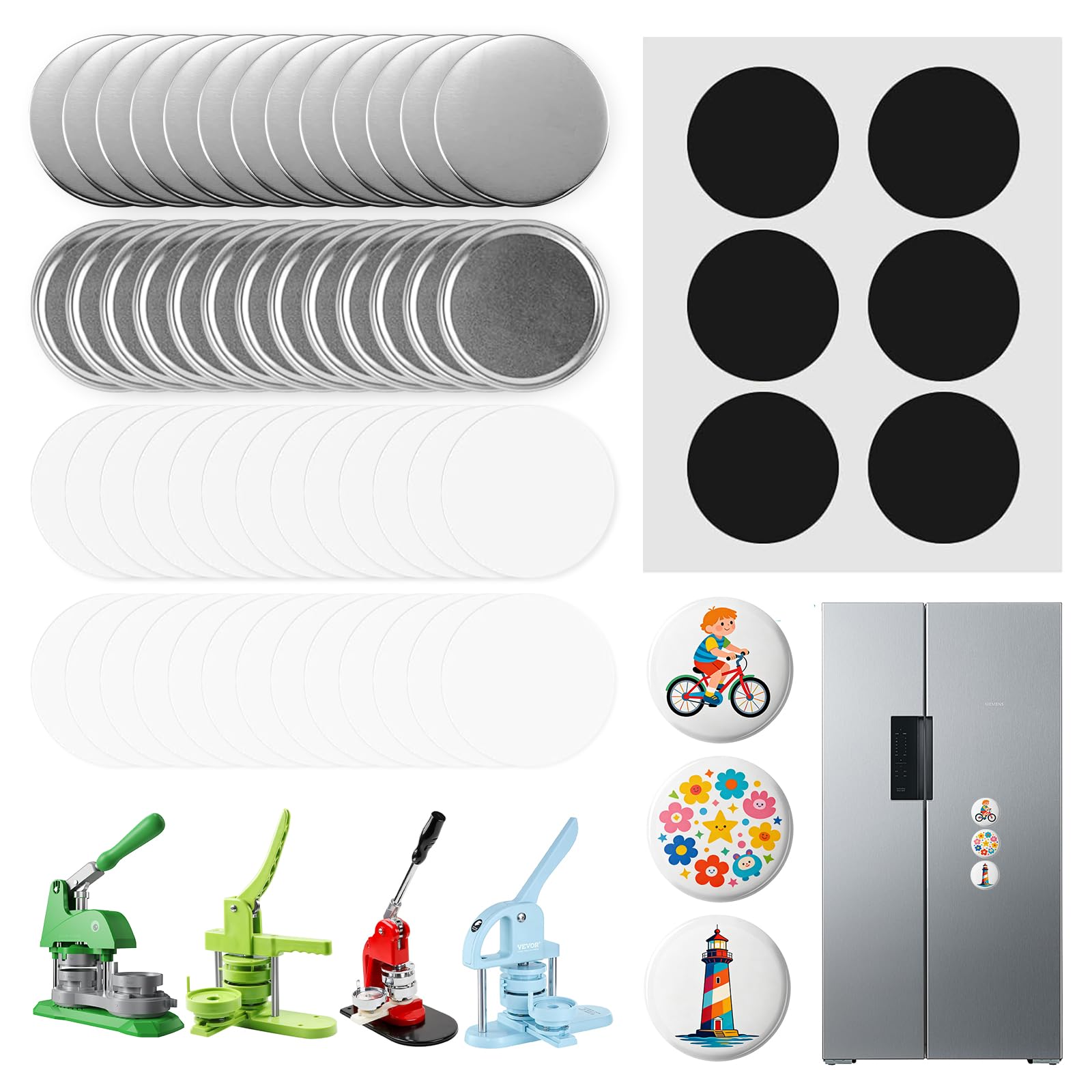 Photo 1 of 100 Sets Button Maker Supplies 58mm/2.25in?Button Parts for Fridge Magnet Button Maker Machine?Including Metal Cover, Metal Back Cover, Clear Film, Blank Paper, Soft Magnet