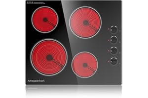 AMZGACHFKTCH 24" Built-In 4 Burner Electric Cooktop, Dual-Ring Burners, 6700W Radiant Stove Top with Knob Control, Residual Heat Indicator & Auto Shut Off, 220-240v Hardwire(No Plug)