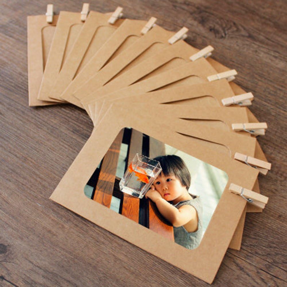 30pcs Kraft Paper Frame Photo Display DIY Wall Hanging Picture Frames With 30 Clips & 3 pieces 2M Hanging Wire Pictures Organizer Wall Decorations (white-black-paper)