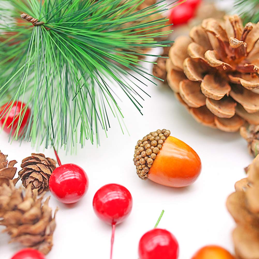 DomeStar 120PCS Artificial Acorns Berry Craft and Natural Pinecones Ornament Set, Artificial Pine Picks Fake Fruit Decor Winter Decorating Kit