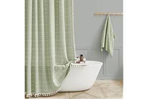 BTTN Boho Farmhouse Shower Curtain, Linen Rustic Heavy Duty Fabric Shower Curtain Set with Tassel, Water Repellent, Bohemian Vintage Country Thick Cloth Shower Curtains for Bathroom, Sage Green, 72x72