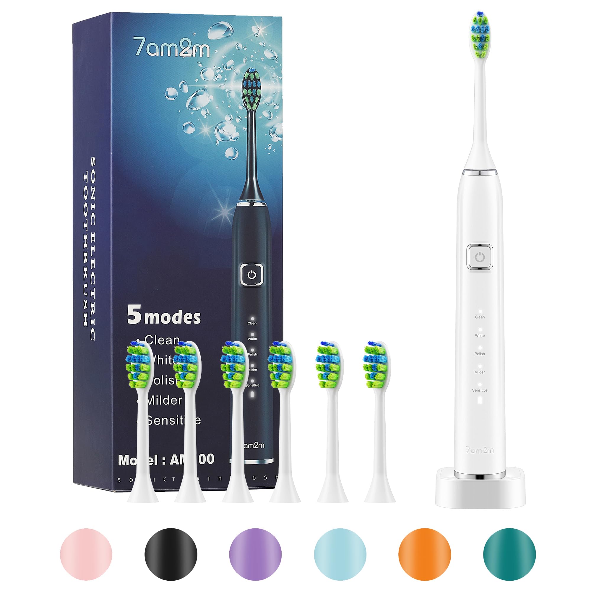 7AM2M Sonic Electric Toothbrush with 6 Brush Heads for Adults and Kids, One Charge for 90 Days, Wireless Fast Charge, 5 Modes with 2 Minutes Build in Smart Timer, Electric Toothbrushes(White)